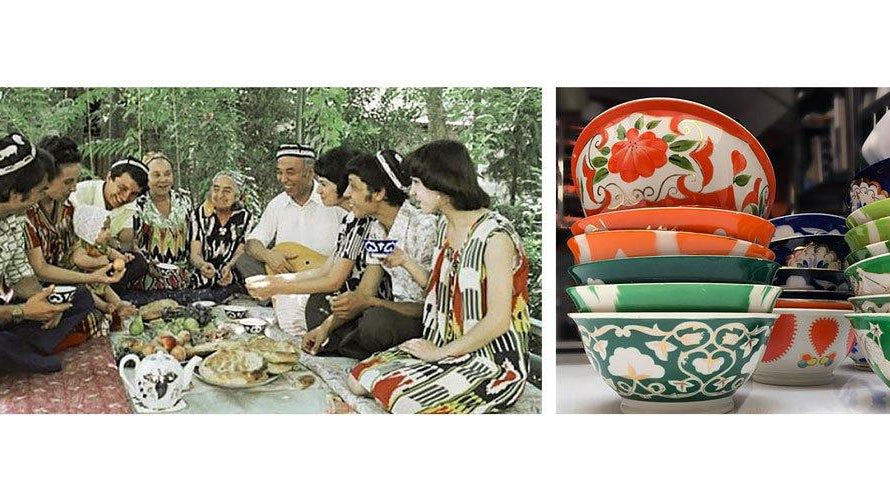 lors d'un pique-nique en ouzbekistan soviétique en 1973, les convives boivent dans des bols en porcelaine à motifs colorés.