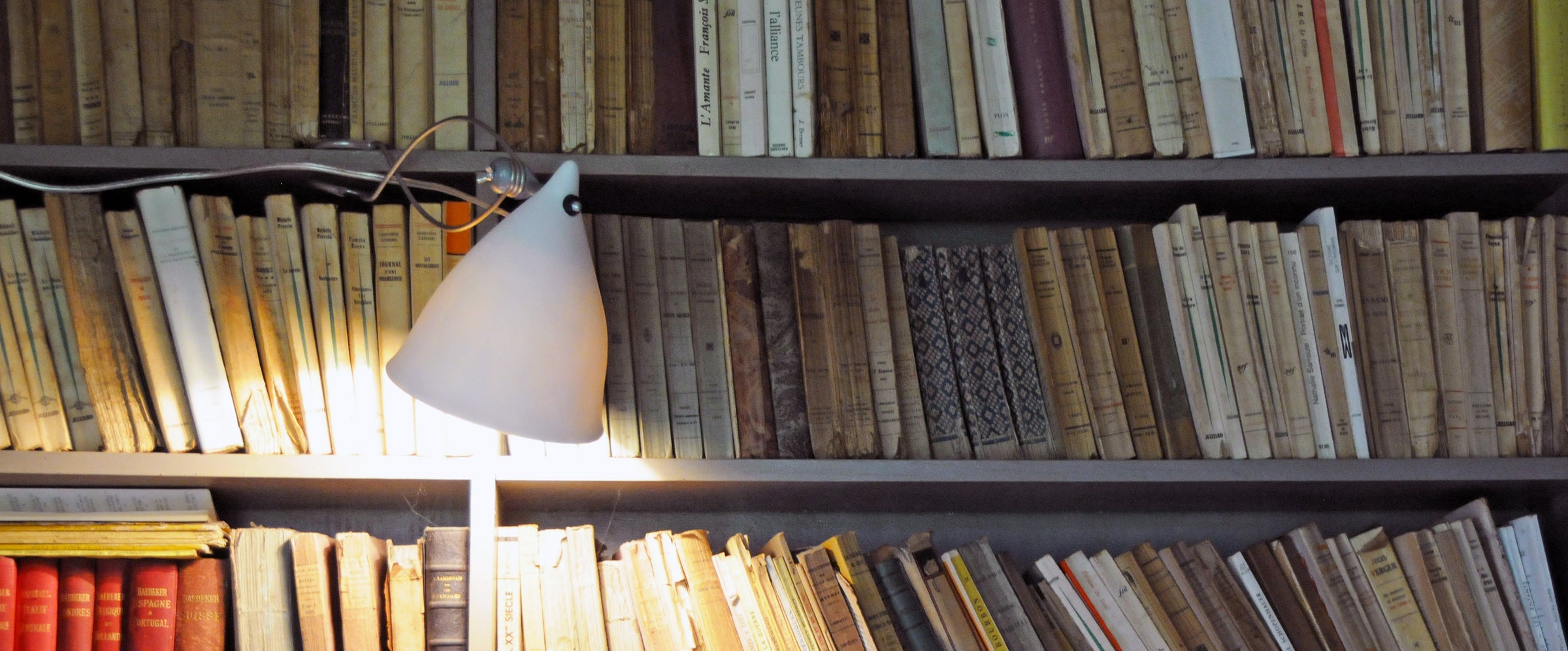 Lampe en porcelaine pincée sur une bibliothèque