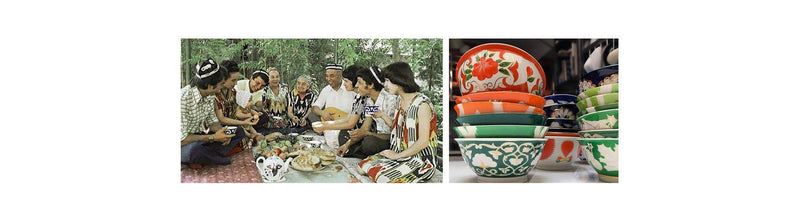 lors d'un pique-nique en ouzbekistan soviétique en 1973, les convives boivent dans des bols en porcelaine à motifs colorés. 