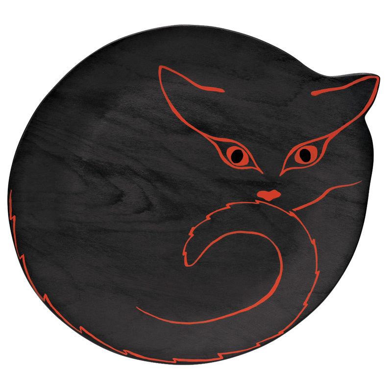 Grand plateau en bois noir, avec peinture chat orange. Peint par Sigolène Prébois